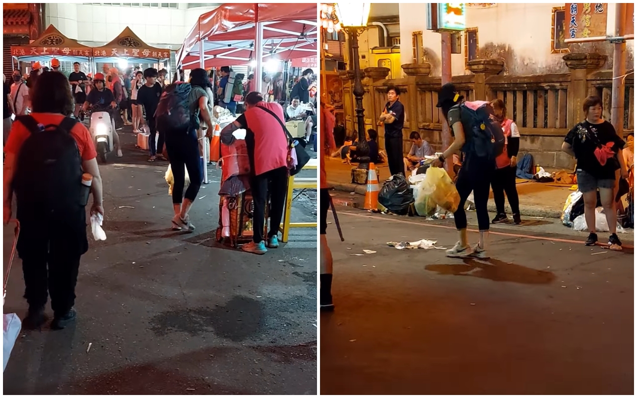 有位女性信徒參加白沙屯媽祖進香活動時，默默低頭撿夾起地板上的垃圾，畫面曝光引起熱議。（翻攝自白沙屯媽祖全球徒步聯誼會中）