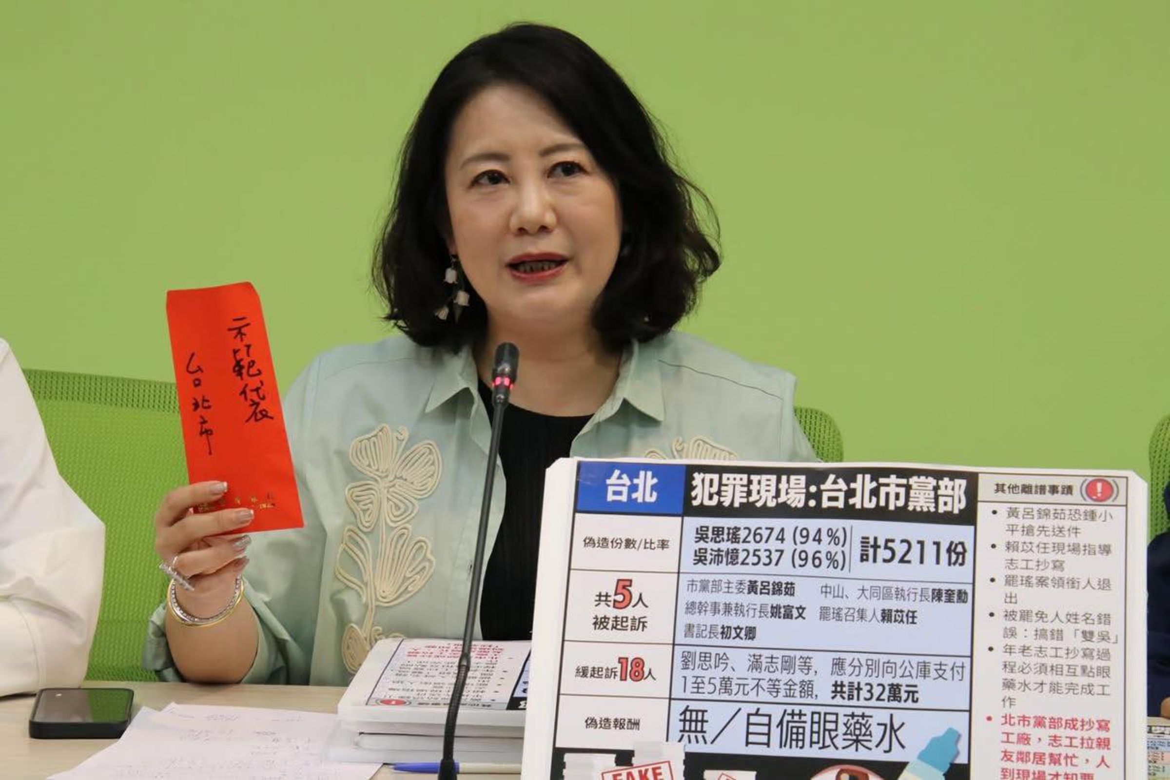 綠營準備「示範袋」,諷刺藍營發放紅包給抄名冊的志工,怒批藍營造假至今不道歉。(翻攝自吳思瑤臉書)