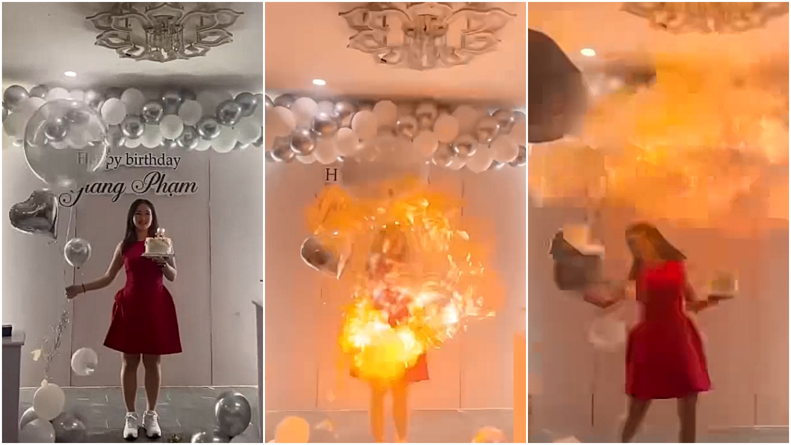 越南正妹慶生時，氣球碰蠟燭爆炸險些毀容。（翻攝Giang Phạm臉書）