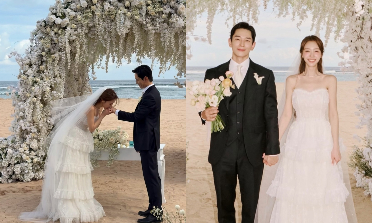 溫朱莞與Girl’s Day方珉雅在峇里島舉行浪漫海邊婚禮，方珉雅交換戒指還在新郎手上獻吻。（翻攝kim___dwaku、hoygold IG）