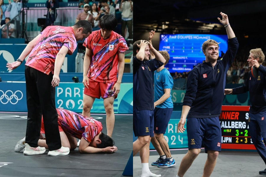 日本今晨遭瑞典於桌球男團賽事逆轉擊敗，張本智和崩潰趴地（左圖）。而瑞典選手（右圖）則是在場邊高興手舞足蹈。（翻攝自@wtt IG）