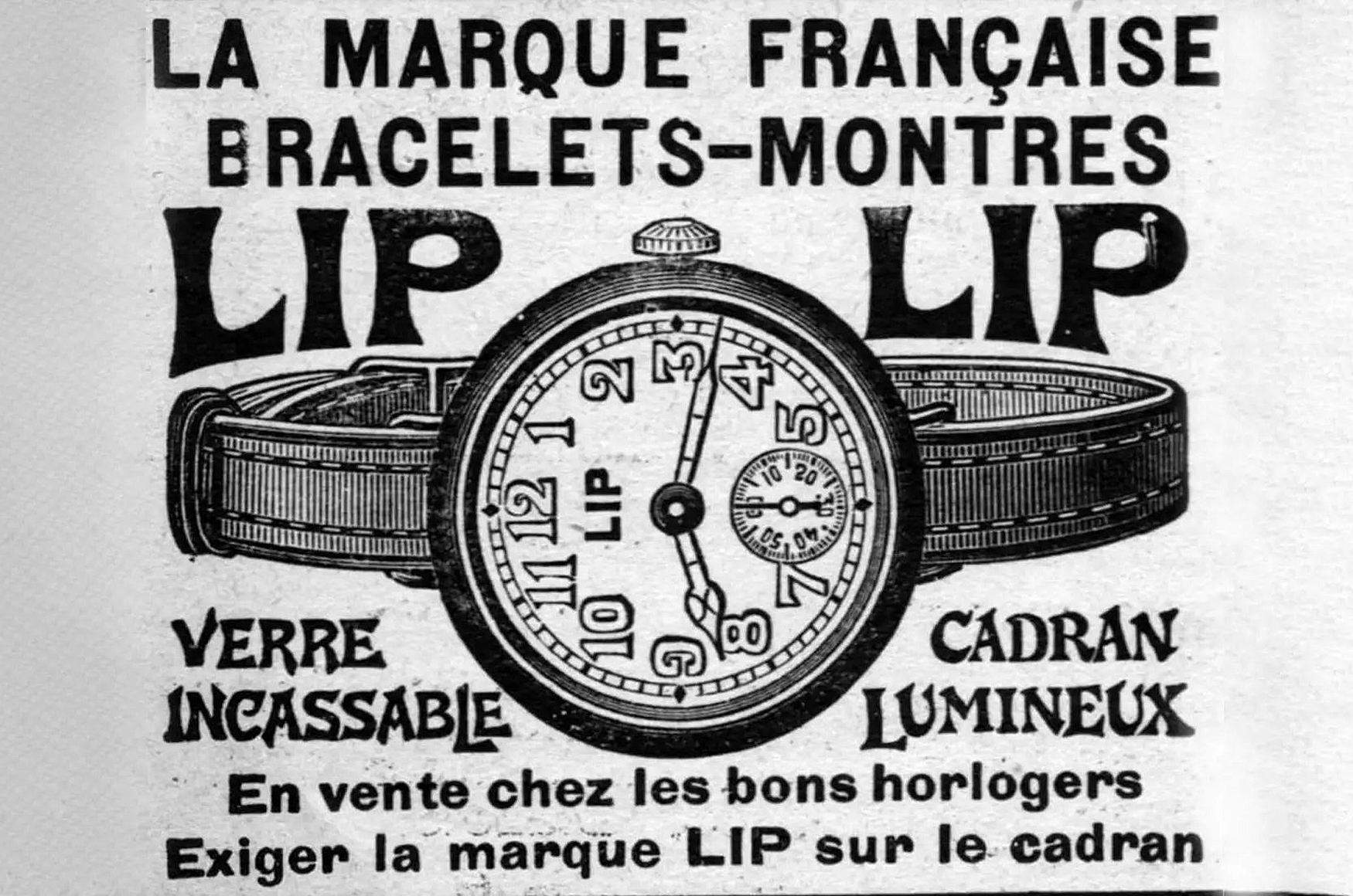 約1930年代法國LIP腕錶品牌廣告，主打鐳光面盤與防碎錶鏡。