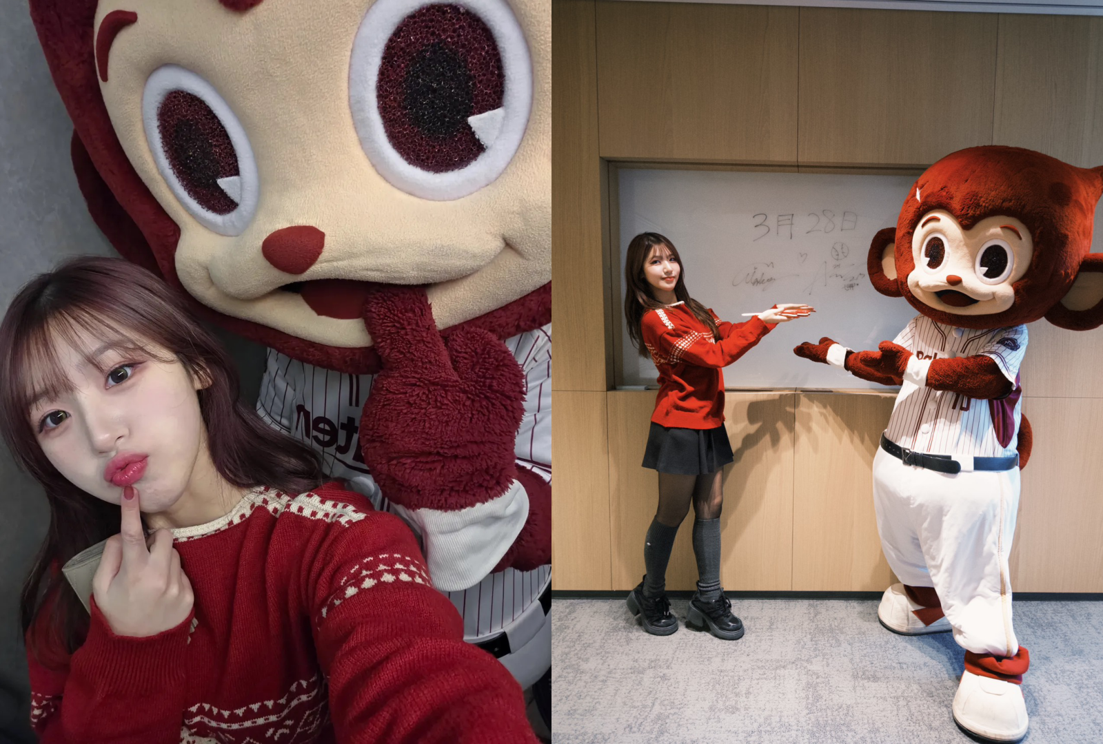 樂天桃猿吉祥物猿氣與廉世彬在韓國合體。（樂天桃猿提供）