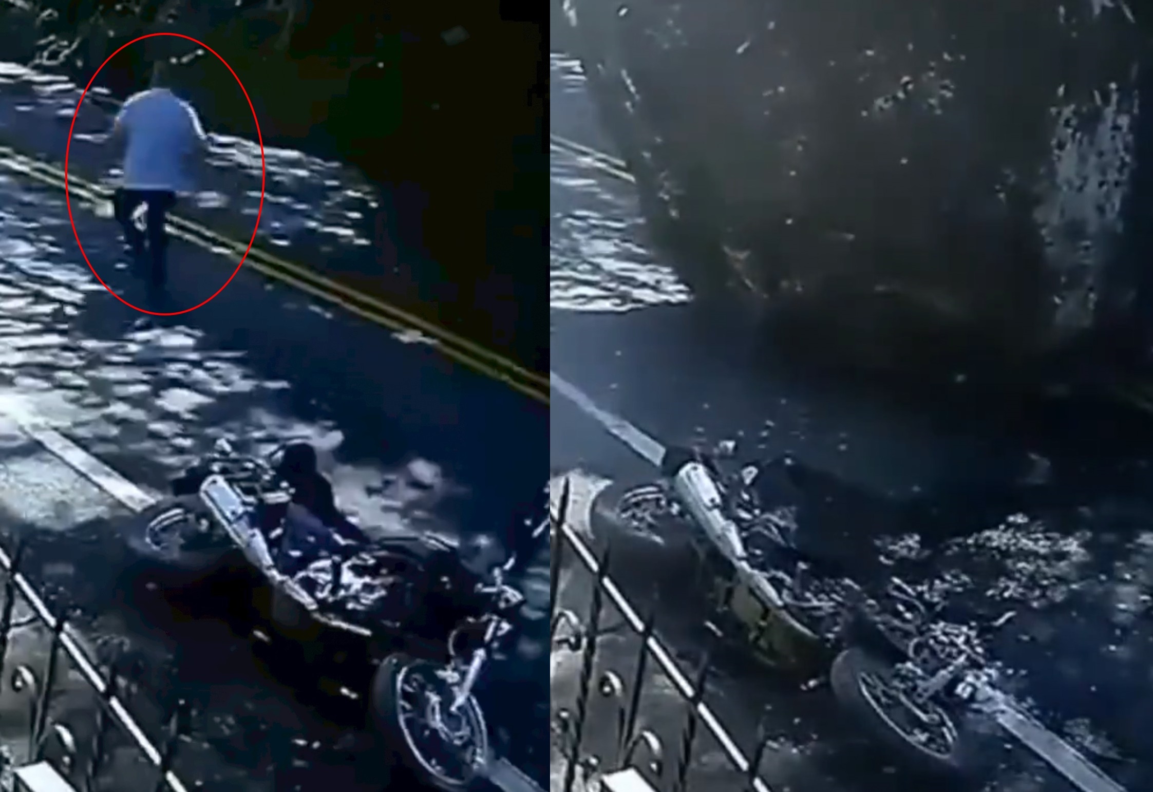 巨石從天而降，壓垮摩托車，騎士（紅圈處）驚險逃生。（翻攝自X@ActualidadRT）