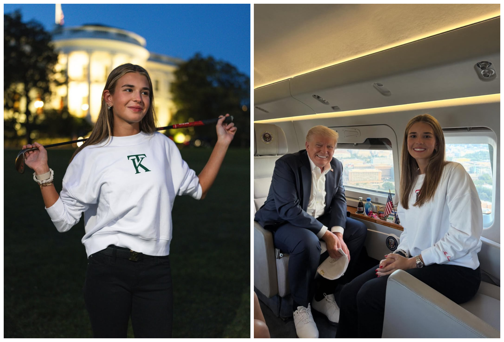 凱伊在白宮拍攝自家服飾的形象照（左圖），隔天跟著爺爺川普搭空軍一號去看高爾夫球賽（右圖）。（翻攝kaitrumpgolfer IG）