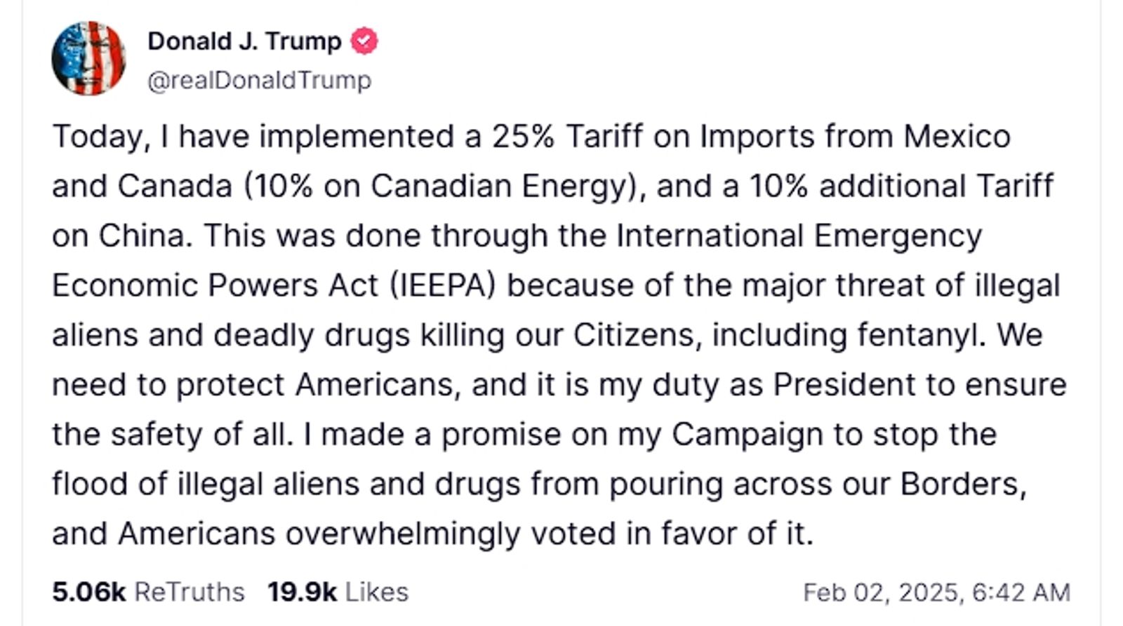 川普宣布對墨西哥、加拿大、中國加徵關稅。（翻攝自Truth @realDonaldTrump）
