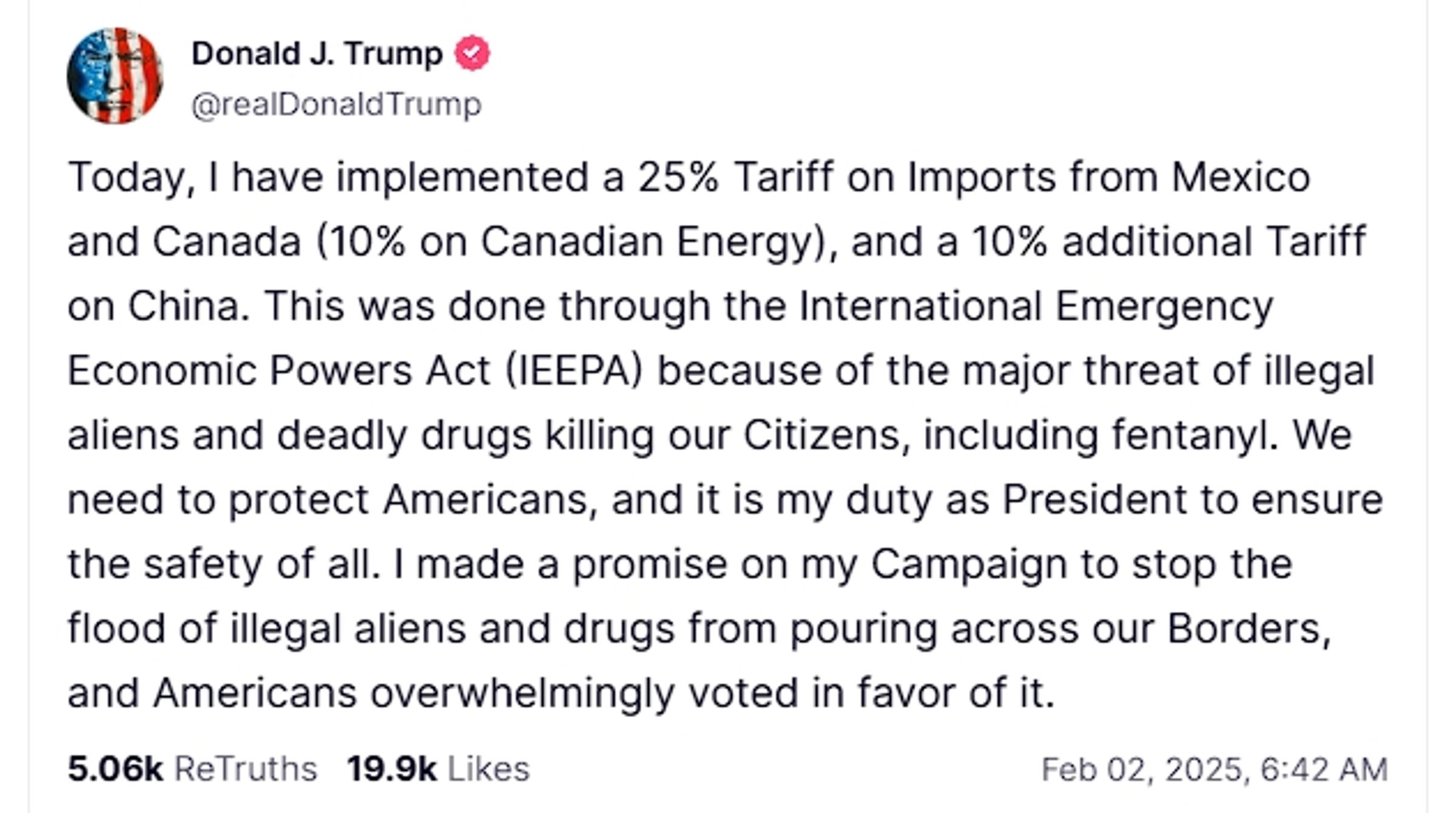 川普宣布對墨西哥、加拿大、中國加徵關稅。（翻攝自Truth @realDonaldTrump）