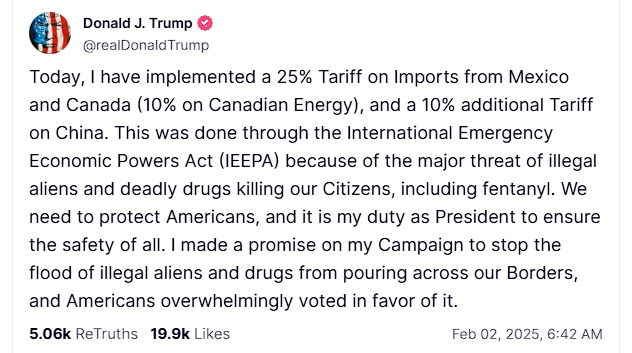 川普宣布對墨西哥、加拿大、中國加徵關稅。（翻攝自Truth @realDonaldTrump）
