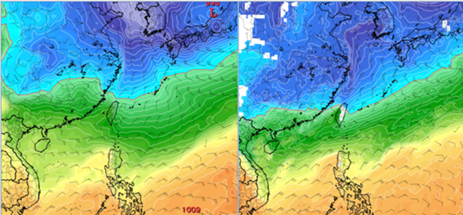 最新(31日20時)歐洲模式(ECMWF),9日20時850百帕氣溫及風場模擬圖(左圖)顯示,零度(紅)線在北部近海。最新美國模式(9GFS),同時的模擬圖(右圖)顯示,零度(紅)線在北部陸地,比歐洲模擬強。(翻攝自氣象應用推廣基金會專欄)