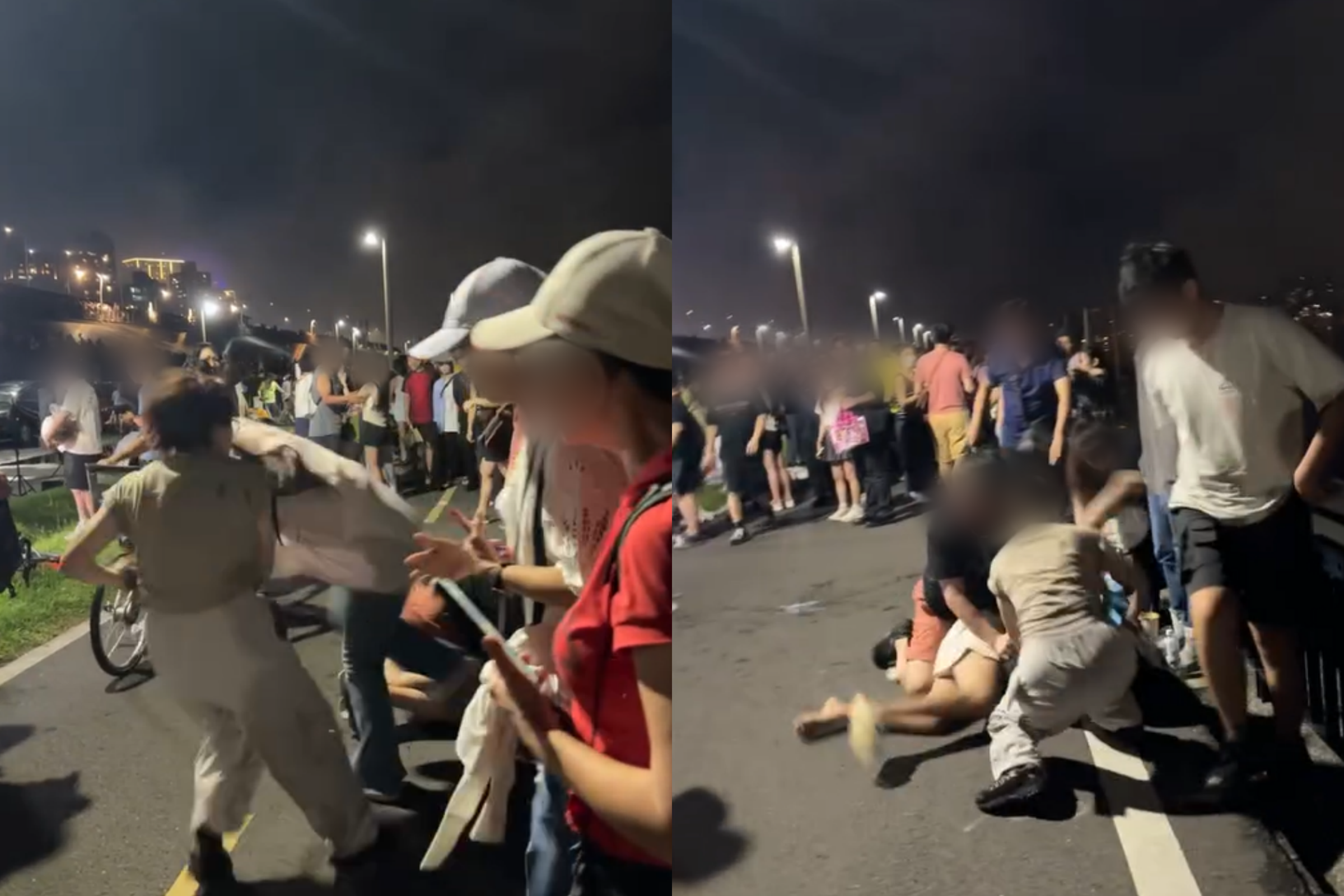 新北市三重忠孝碼頭昨日2對情侶因觀賞位置起爭執，在煙火結束後發生肢體衝突。（翻攝畫面）