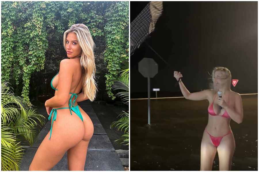 百萬網紅模特兒斯凱勒在颶風重創美國期間，穿著比基尼到淹水街道模仿記者搞笑，引發爭議。（翻攝自IG@skylersimpsonn）