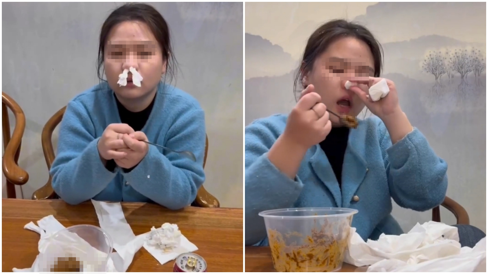 中國女強忍臭氣吃屎。（翻攝畫面）