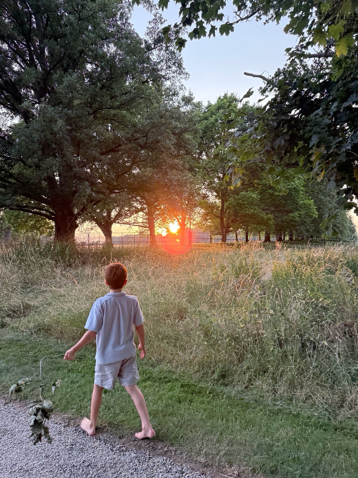亞契光腳丫走在小徑裡，看夕陽，他看起來長高不少。（翻攝meghan IG）