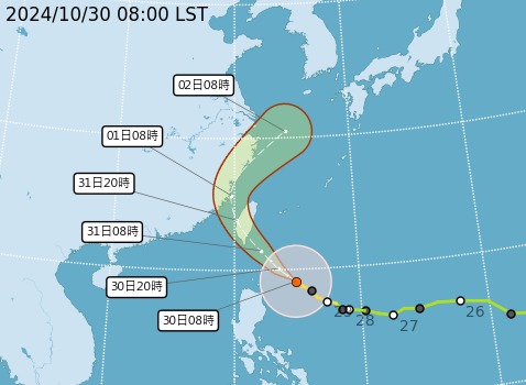 台灣將會壟罩在康芮的暴風圈中。（中央氣象署提供）