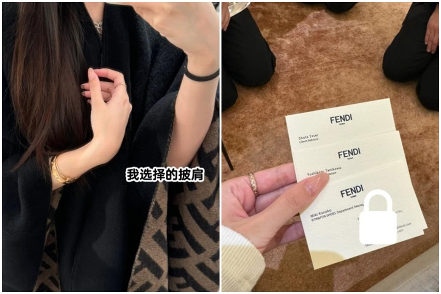 中國一名女子赴日本旅遊，卻沒想到在東京銀座FENDI店內試穿時，被一名男店員無預警取下披肩給另一名顧客披上。（翻攝自小紅書）