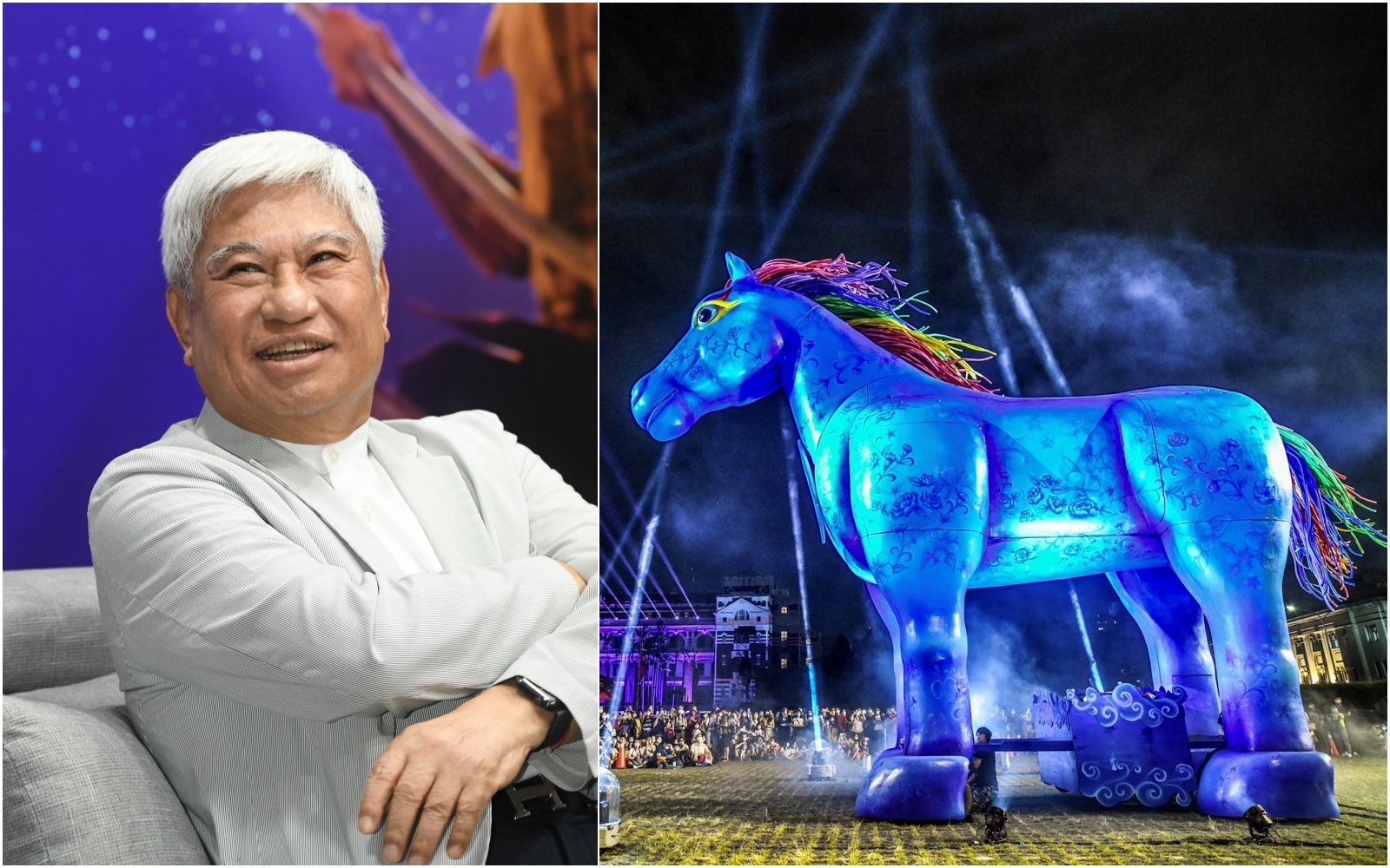 2021年國慶展演中亮相的《雨馬》大型道具（右圖），就是由紙風車文教基金會董事長陳進財（左圖）贊助重製。（紙風車提供）
