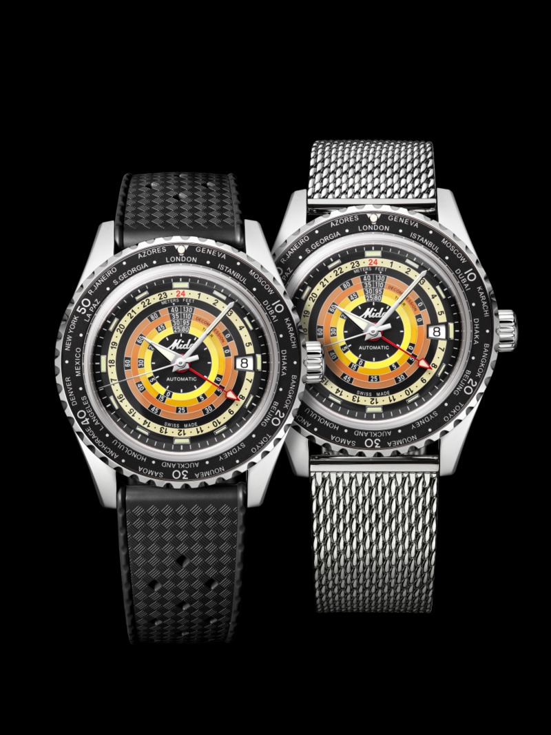 Mido Ocean Star Decompression Worldtimer海洋之星「減壓彩虹圈」兩地時間錶，搭載ETA C07.611（Calibre 80 for Mido）系列自動上鏈機芯 。