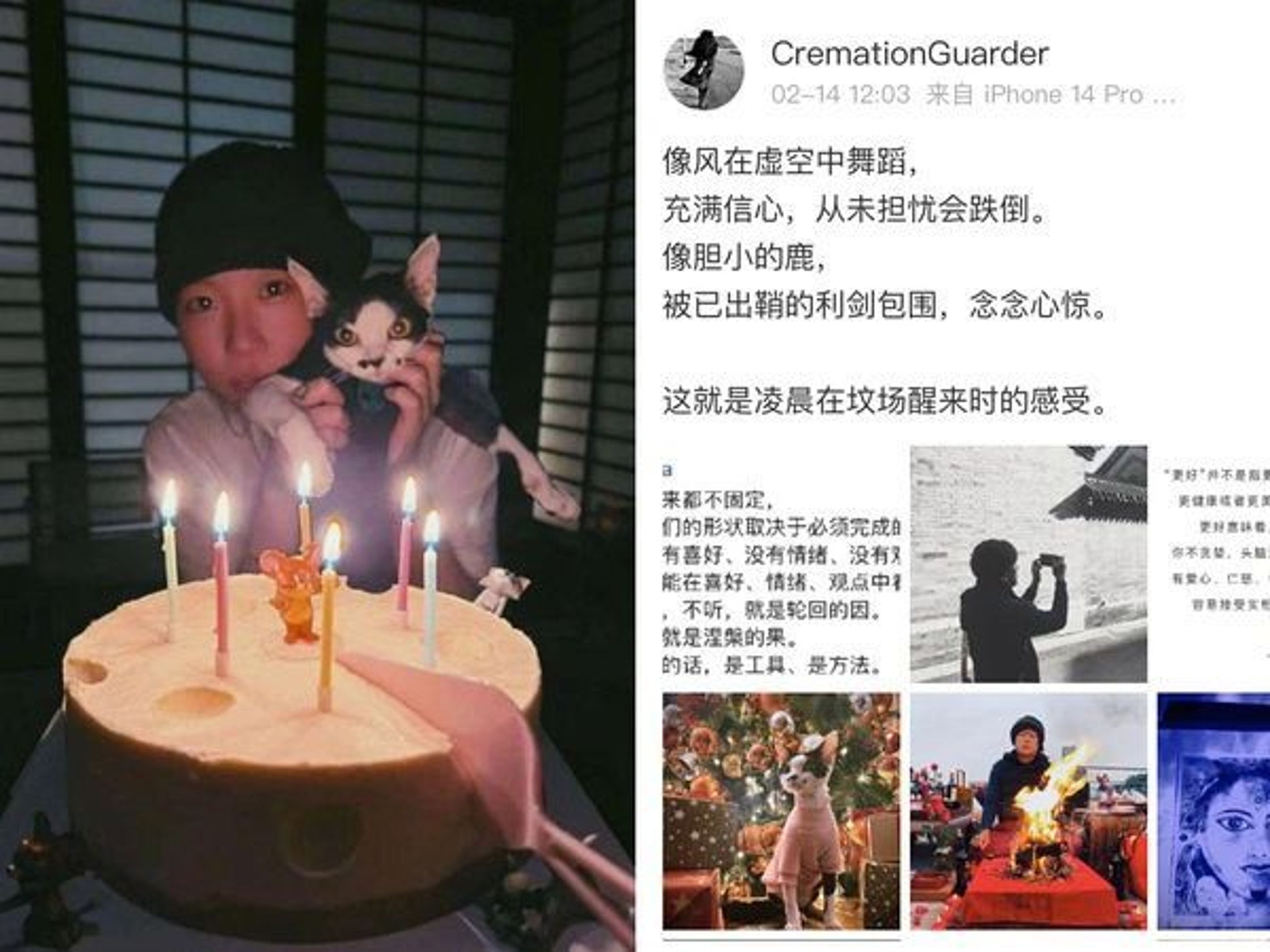 網友翻出李孟橋在2月14日情人節發的社群文章。圖裡赫然出現竇靖童的愛貓。(網路圖片)