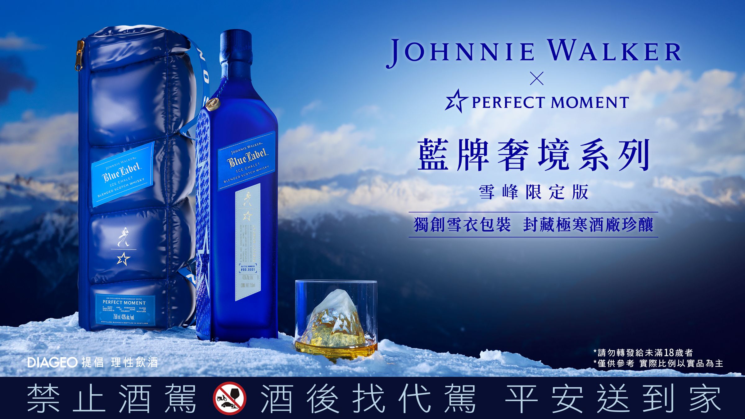 標誌性的Johnnie Walker藍色酒標與邁步向前的紳士,和Perfect Moment的北極星、千鳥格印花相結合。