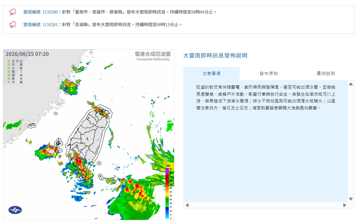 中央氣象署發布大雷雨。（翻攝自中央氣象署官網）