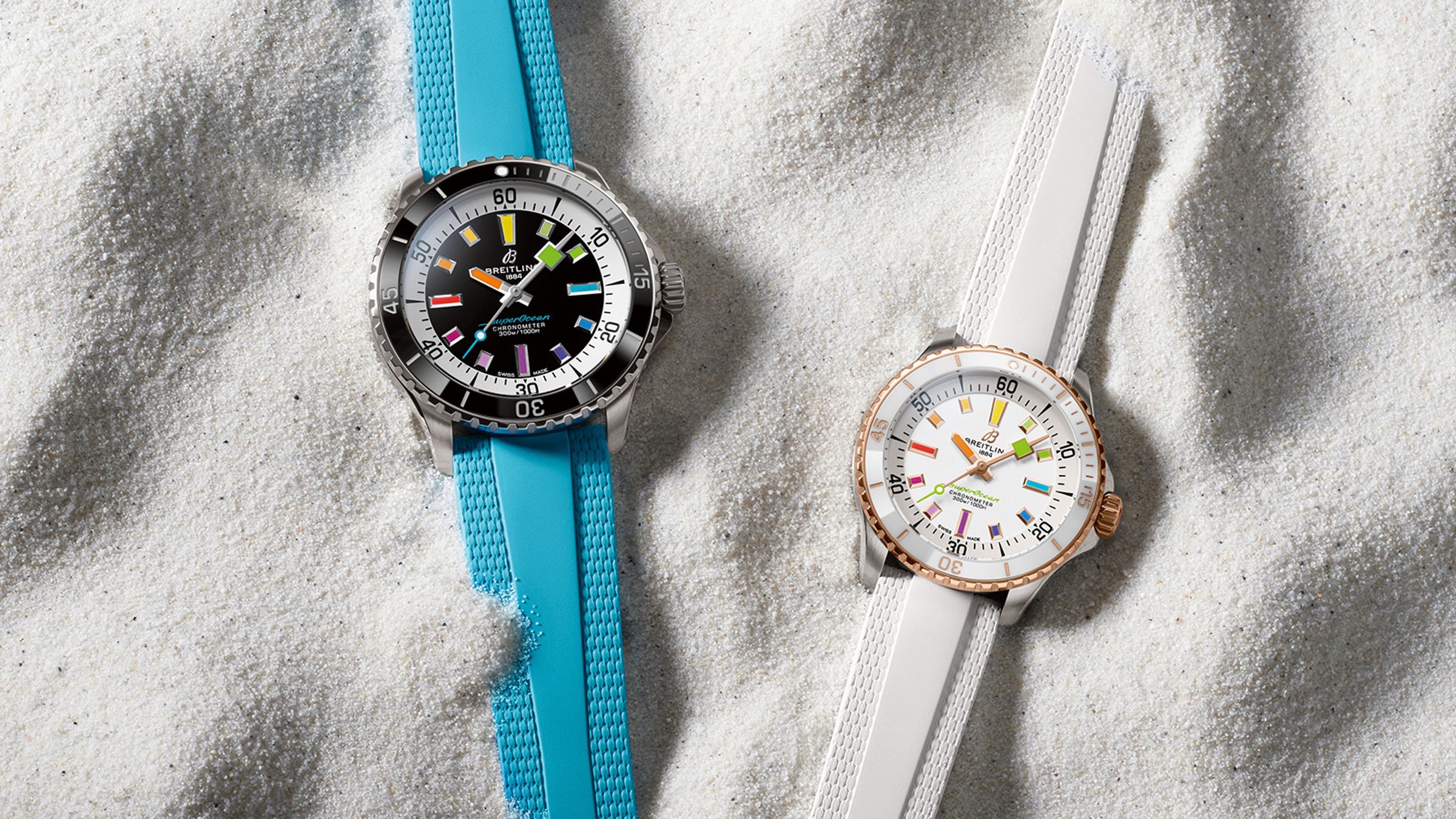 BREITLING Superocean Automatic 36＆42｜不鏽鋼材質（36mm錶圈為紅金）／錶徑42mm（左）36mm（右）／時、分、秒指示／自動上鍊機芯／防水300米／定價：NT$150,000（左）NT$192,000（右）