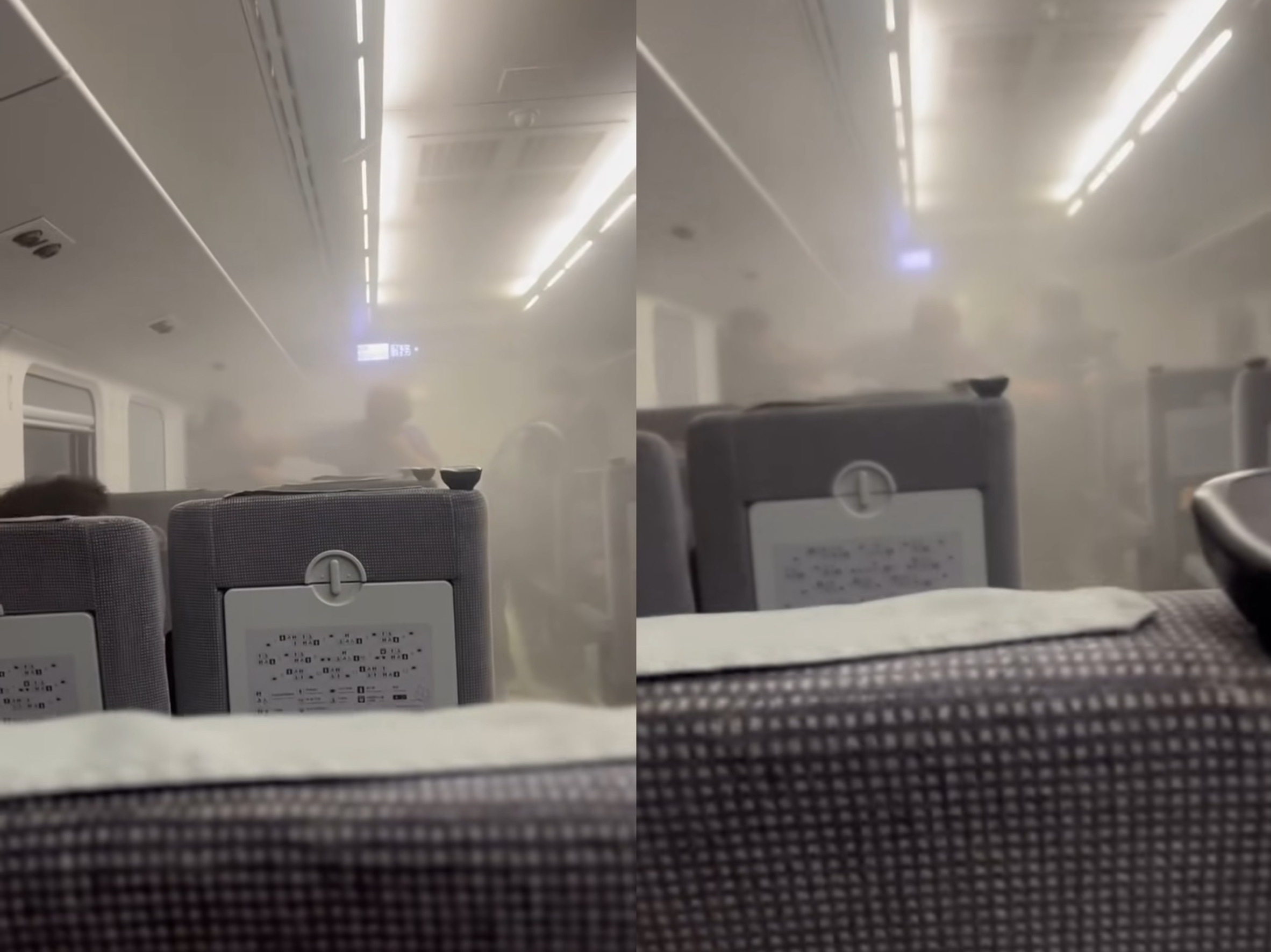 昨（26日）下午，一名男子於台鐵車廂內不明原因取用滅火器大肆亂噴。（翻攝自threads＠hh._o914）