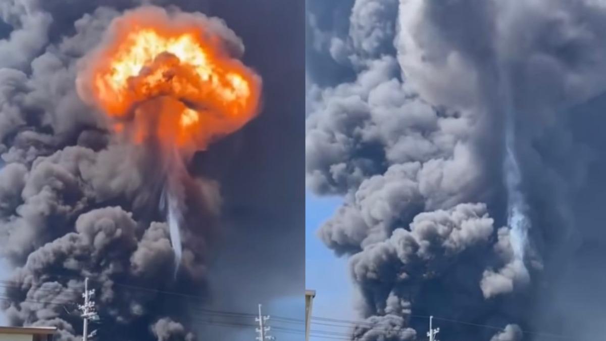 山東一處化工廠爆炸現場濃煙衝天,威力震撼全區,民宅玻璃也破裂,居民倉皇逃離。(翻攝自微博)