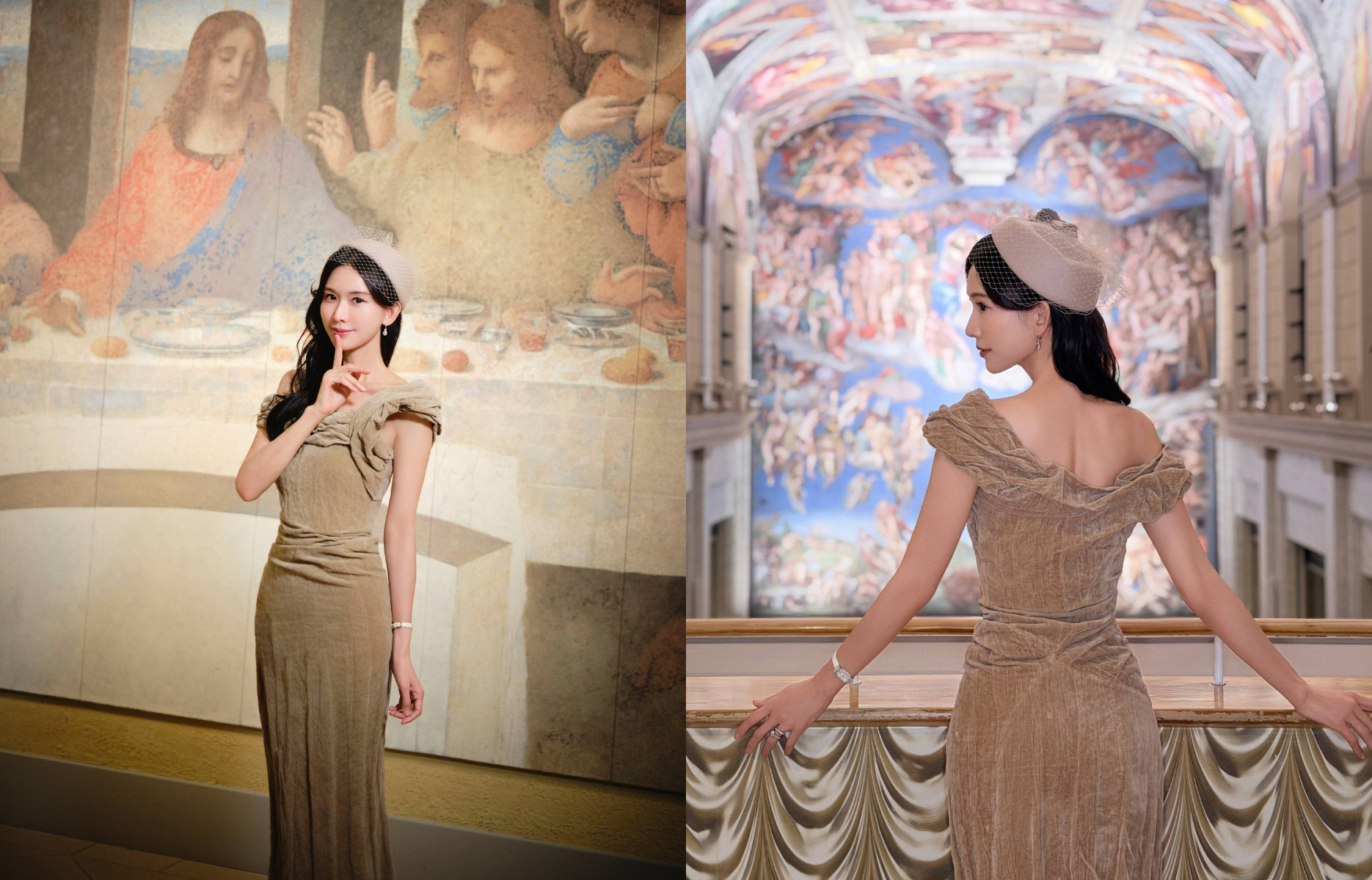 林志玲在《最後的晚餐》與西斯汀禮拜堂名畫前拍照,下顎線吸引粉絲目光。(翻攝林志玲臉書)
