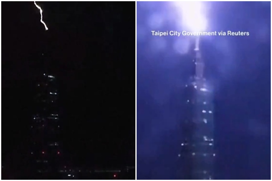 台北101大樓被閃電擊中瞬間的畫面，意外登上國際媒體。（翻攝自@ABC Ｘ）