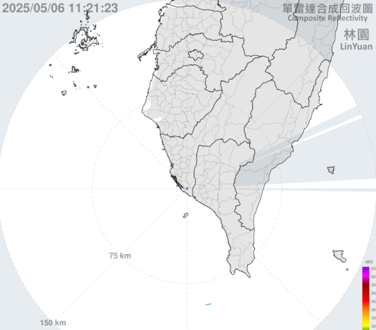 降雨雷達回波圖中，高雄林園地區並未有降雨顯示。（翻攝自氣象署官網）