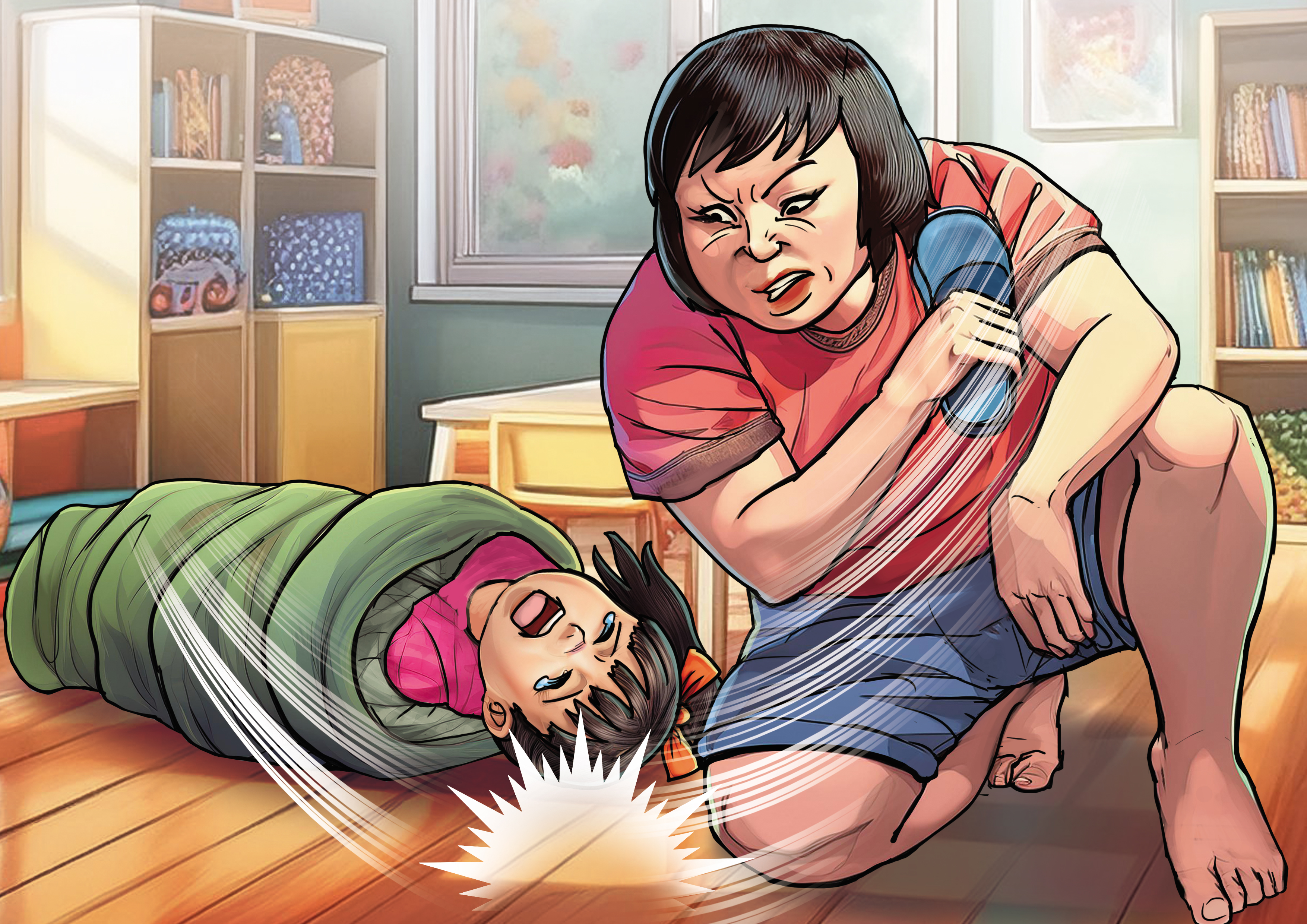 Mia老師也同樣用棉被包裹幼童，甚至還拿拖鞋拍打幼童耳朵旁邊的地板，讓幼童飽受驚嚇。（AI繪圖Adobe Firefly生成，本刊美術組後製）