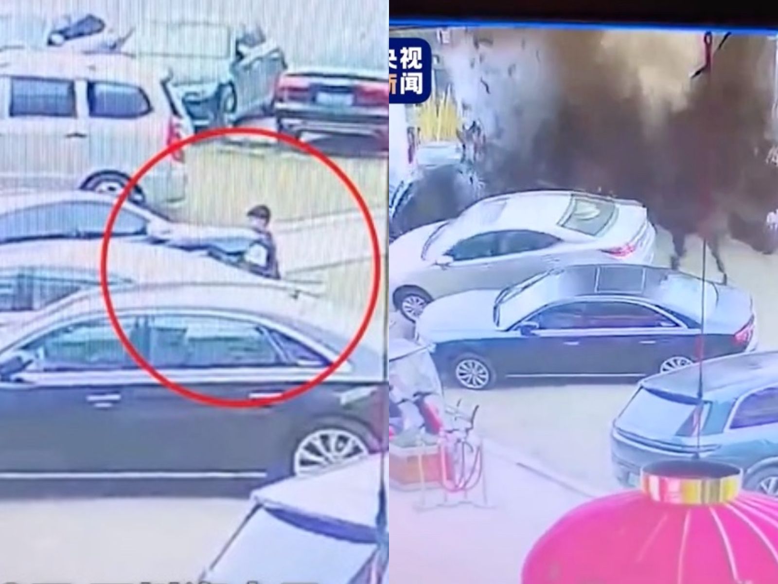 一名男童在大年初二將鞭炮扔入某處停車場的井蓋,孰不知停車場下方是座化糞池,瞬間引發大爆炸。(翻攝自抖音)