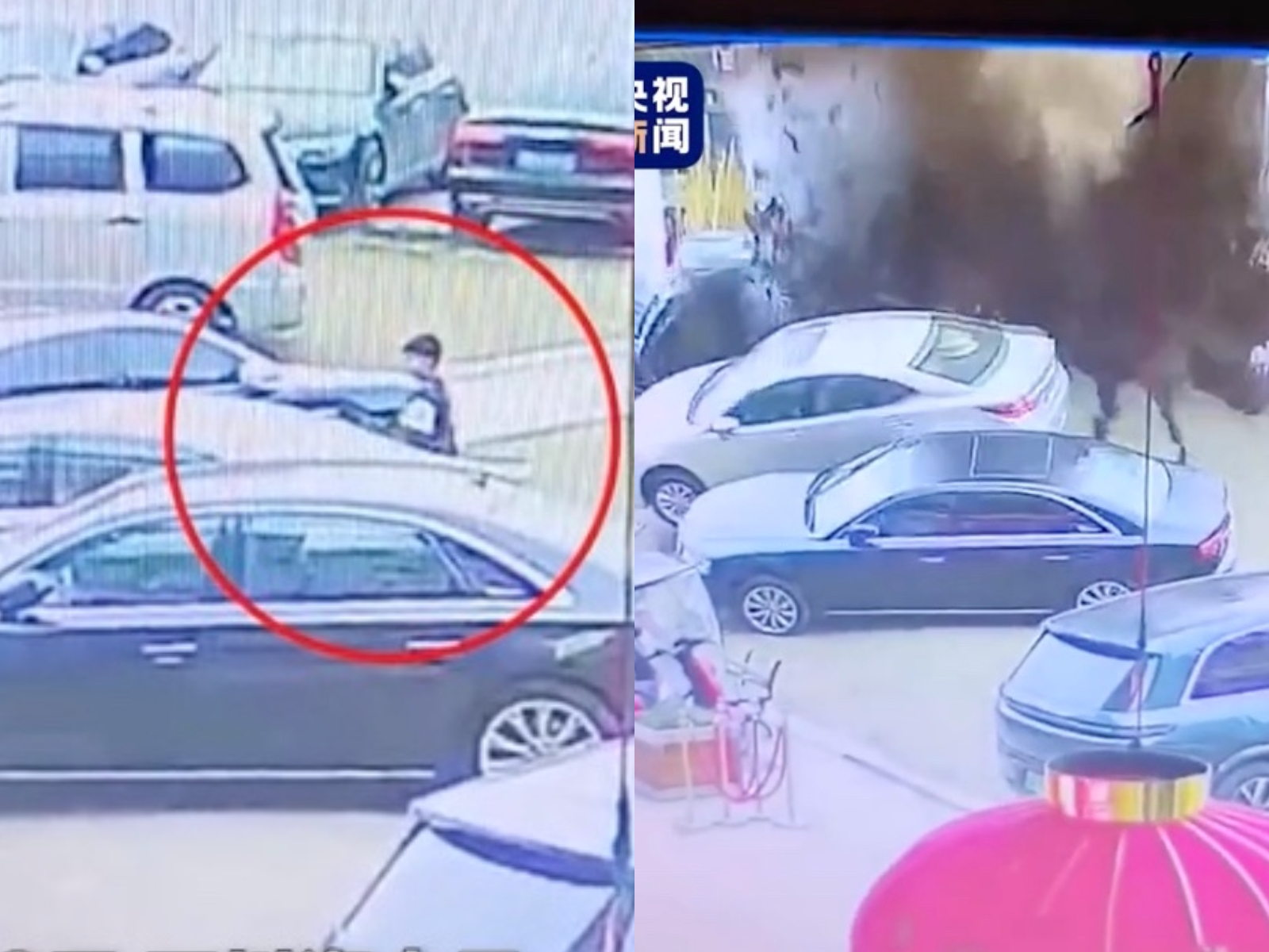 一名男童在大年初二將鞭炮扔入某處停車場的井蓋，孰不知停車場下方是座化糞池，瞬間引發大爆炸。（翻攝自抖音）