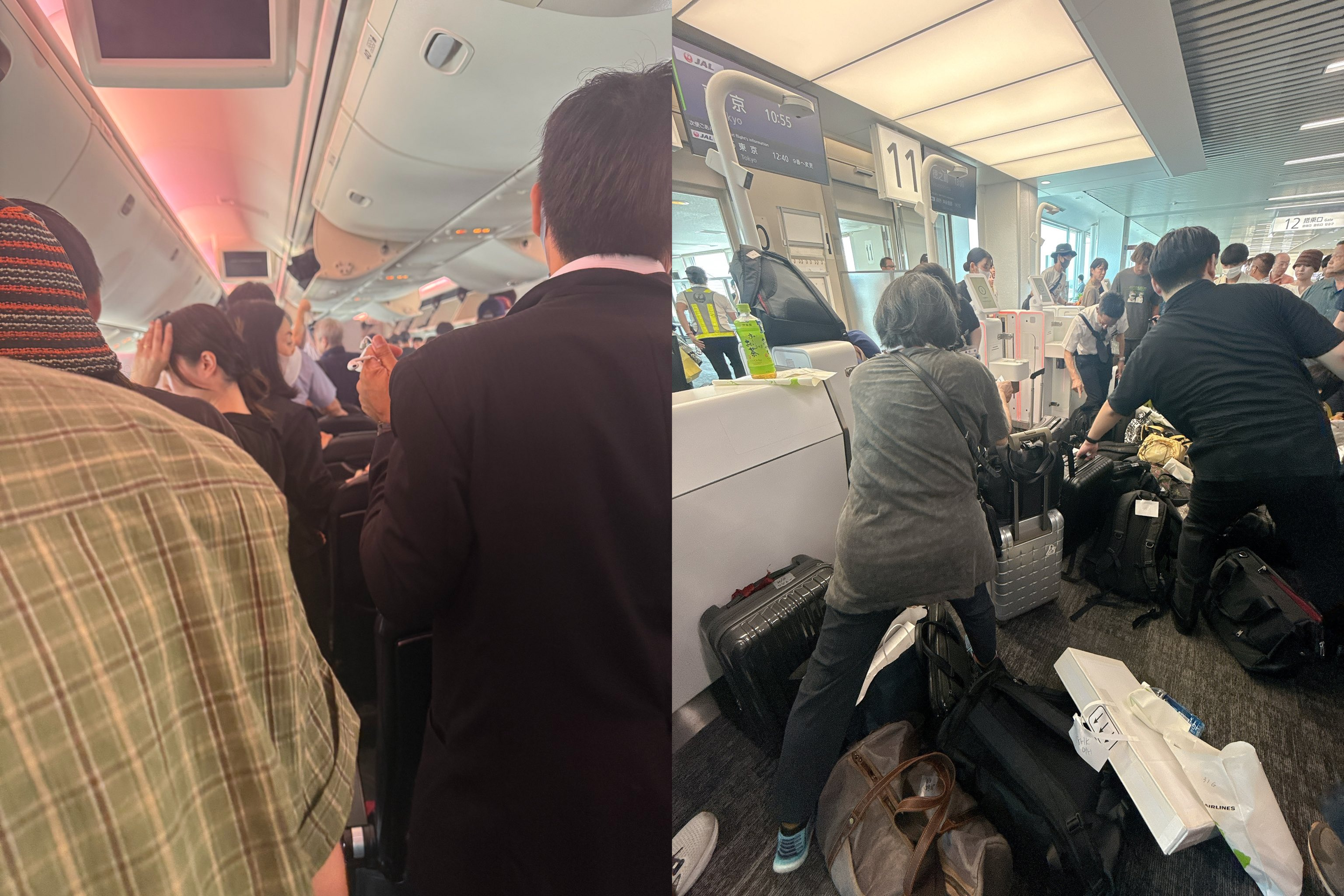 日本航空班機冒煙，客艙飄著燒焦味，機上乘客緊急疏散。（翻攝自@beautyonsen X）