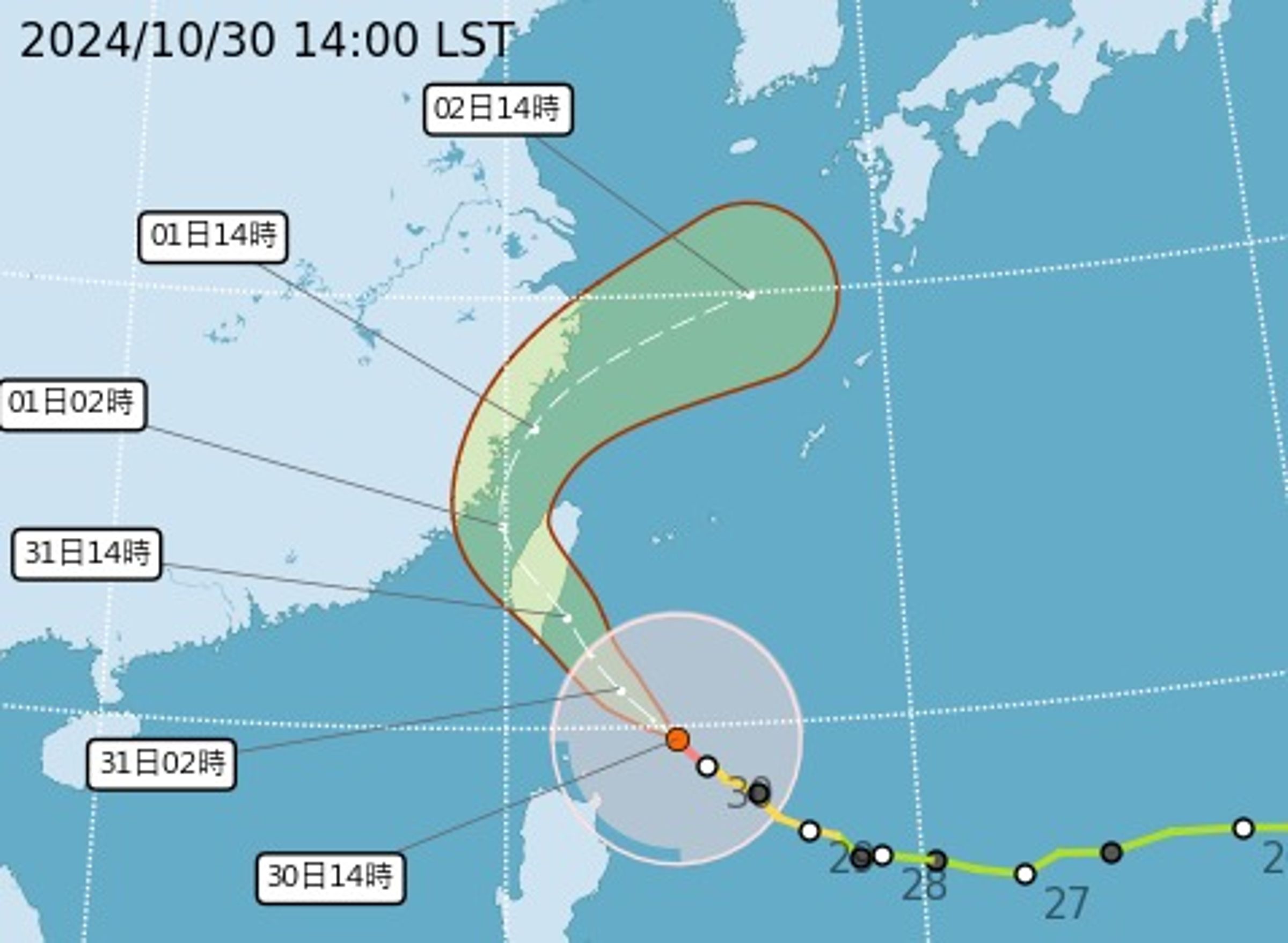 康芮15時中心位置在鵝鑾鼻的東南東方約410公里之處。(翻攝自中央氣象署官網)