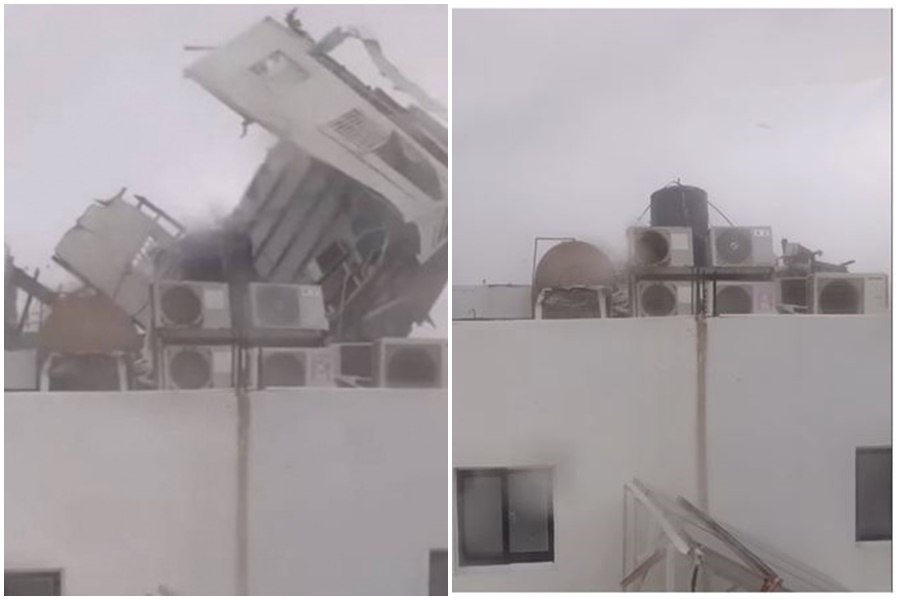 墾丁大街一間民宿頂樓加蓋鐵皮屋，被吹到解體飛走。（翻攝自恆春半島公共事務討論社團）