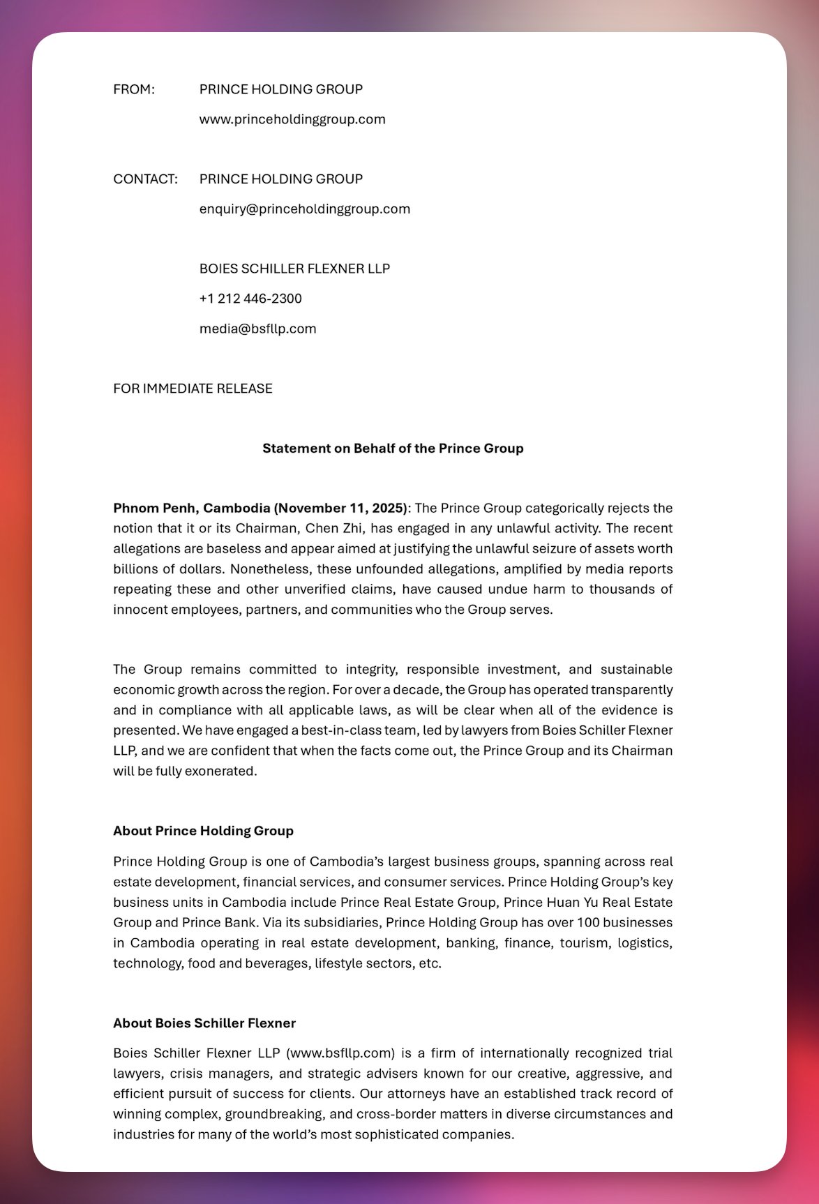 太子集團11日用柬埔寨文和英文發出聲明，堅決否認集團或董事長涉及任何不法，並稱相關指控毫無根據。（翻攝自X）