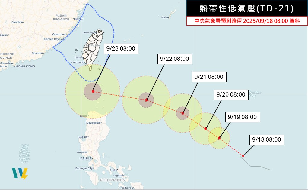 吳聖宇認為，熱帶性低氣壓TD21下週二最接近台灣。（翻攝自吳聖宇臉書）