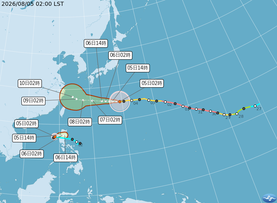 中颱「白海豚」持續朝西北西方向前進,預計7日至10日最接近台灣。(翻攝自氣象署)