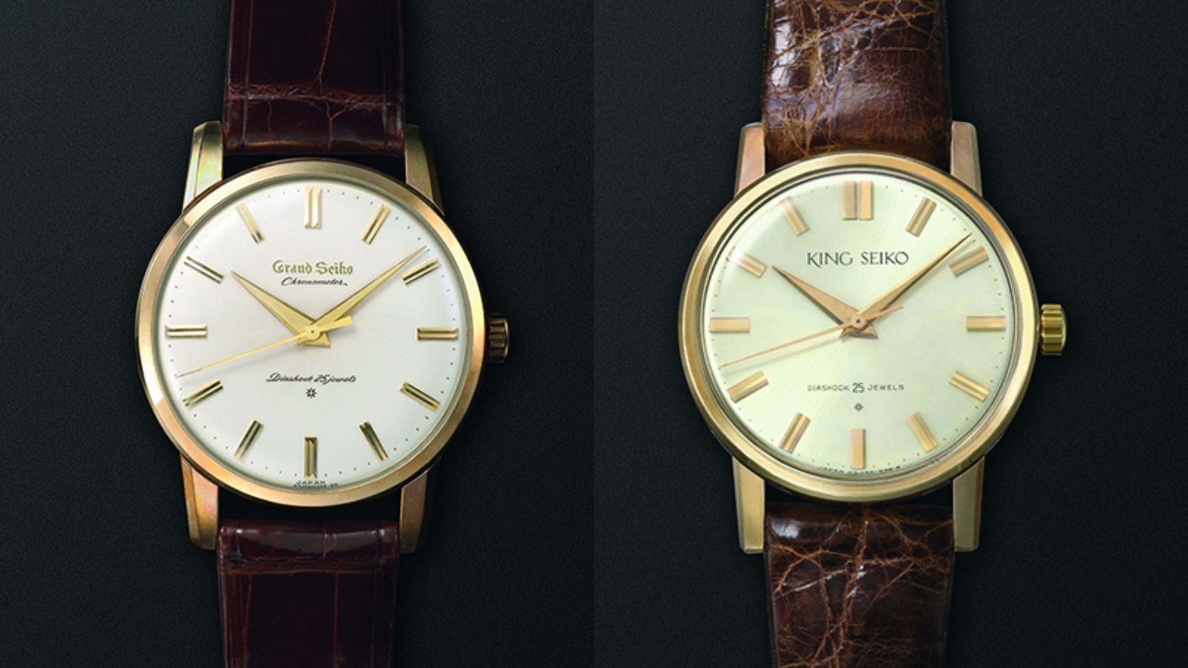 1960年諏訪精工舍推出第一枚Grand Seiko錶款（圖左）之後，第二精工舍也緊接著在1961年，發表首款King Seiko（圖右）與之抗衡，兩者在當時存在著微妙的競爭關係，如今GS在2017年獨立成為一個品牌，KS則被歸入SEIKO做為高端產品線。