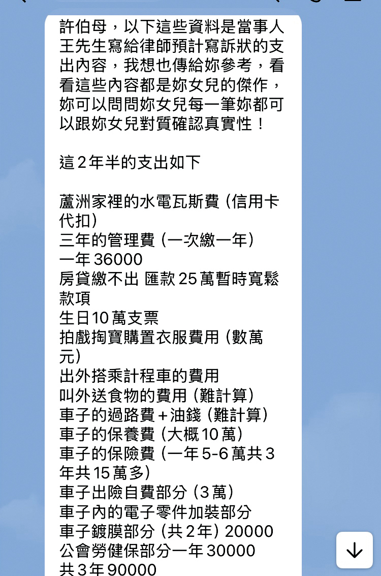 人夫傳給許鈞鈞父母的清單中,項目洋洋灑灑,幾乎許鈞鈞的食衣住行都有人買單。(讀者提供)