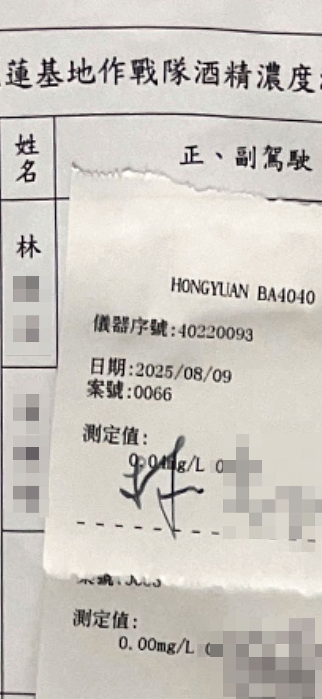 林姓飛官酒測值0.04毫克/升，依規定不能飛，卻仍執行警戒待命勤務。（讀者提供）