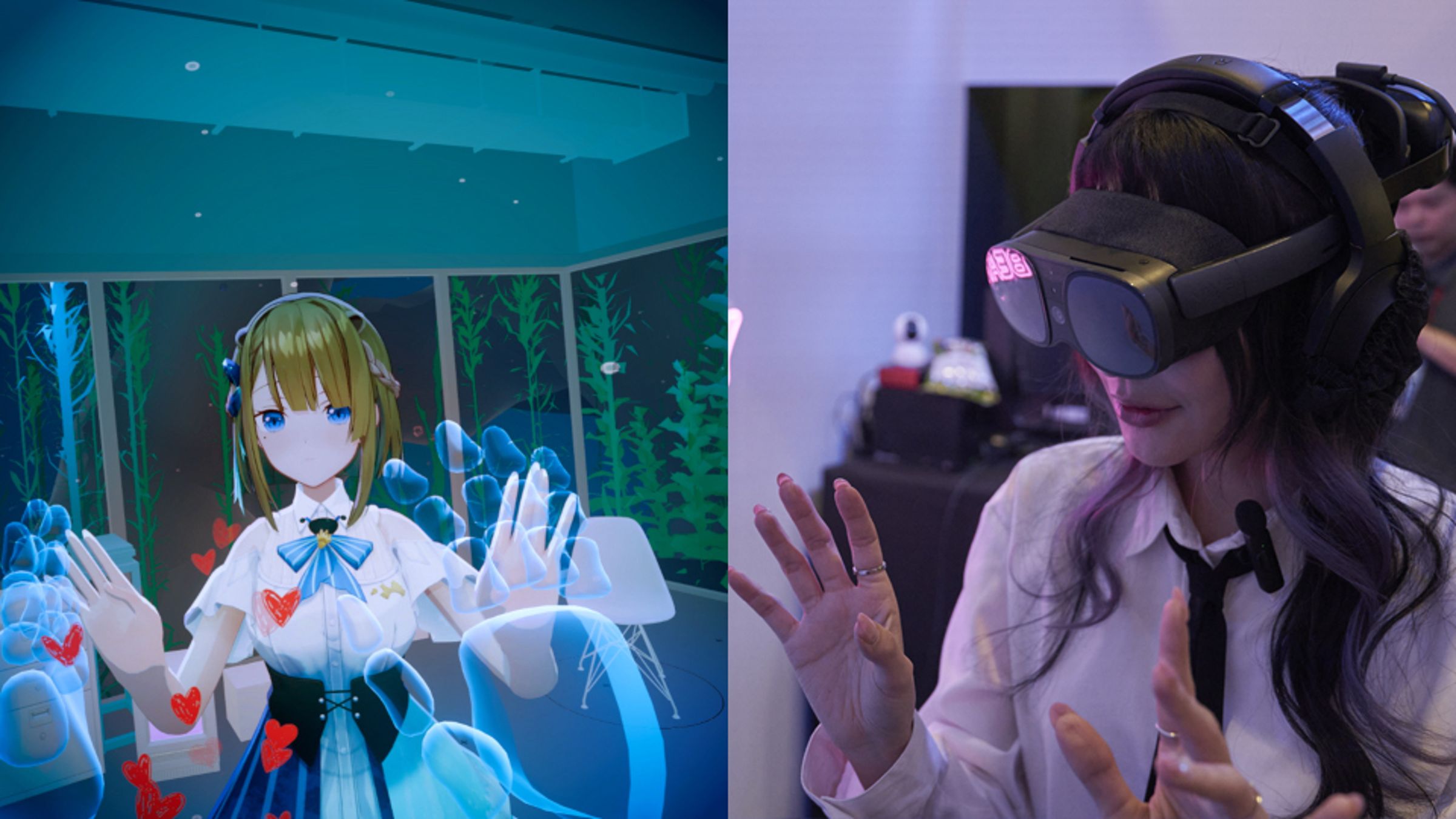 喜愛ACG的前立委賴品妤(右)頭戴VR裝置,在漫博會現場與VTuber露恰露恰1對1互動。(HTC VIVE ORIGINALS提供)