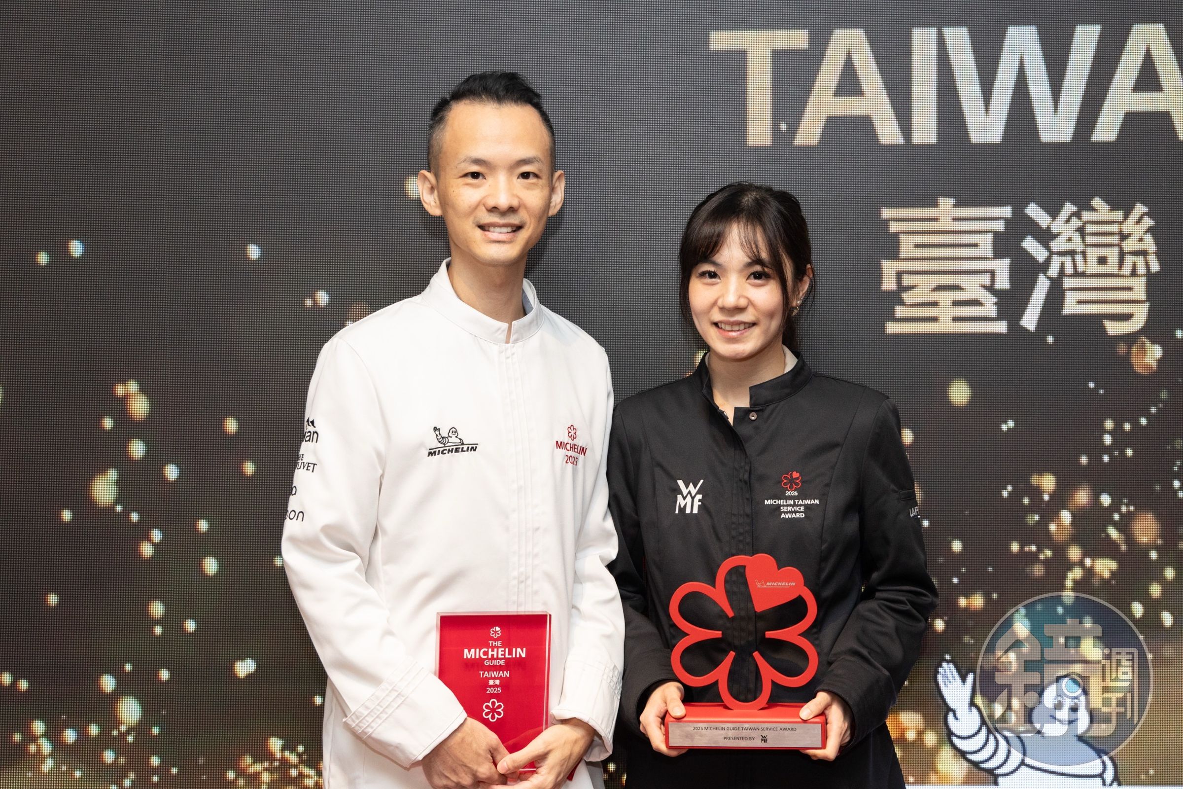 新銳主廚蔡中和（左）於2023年開設Fine Dining餐廳「方蒔」，2025年拿下一星；太太陳玉錡（右）則榮獲特別獎項中的服務大獎。