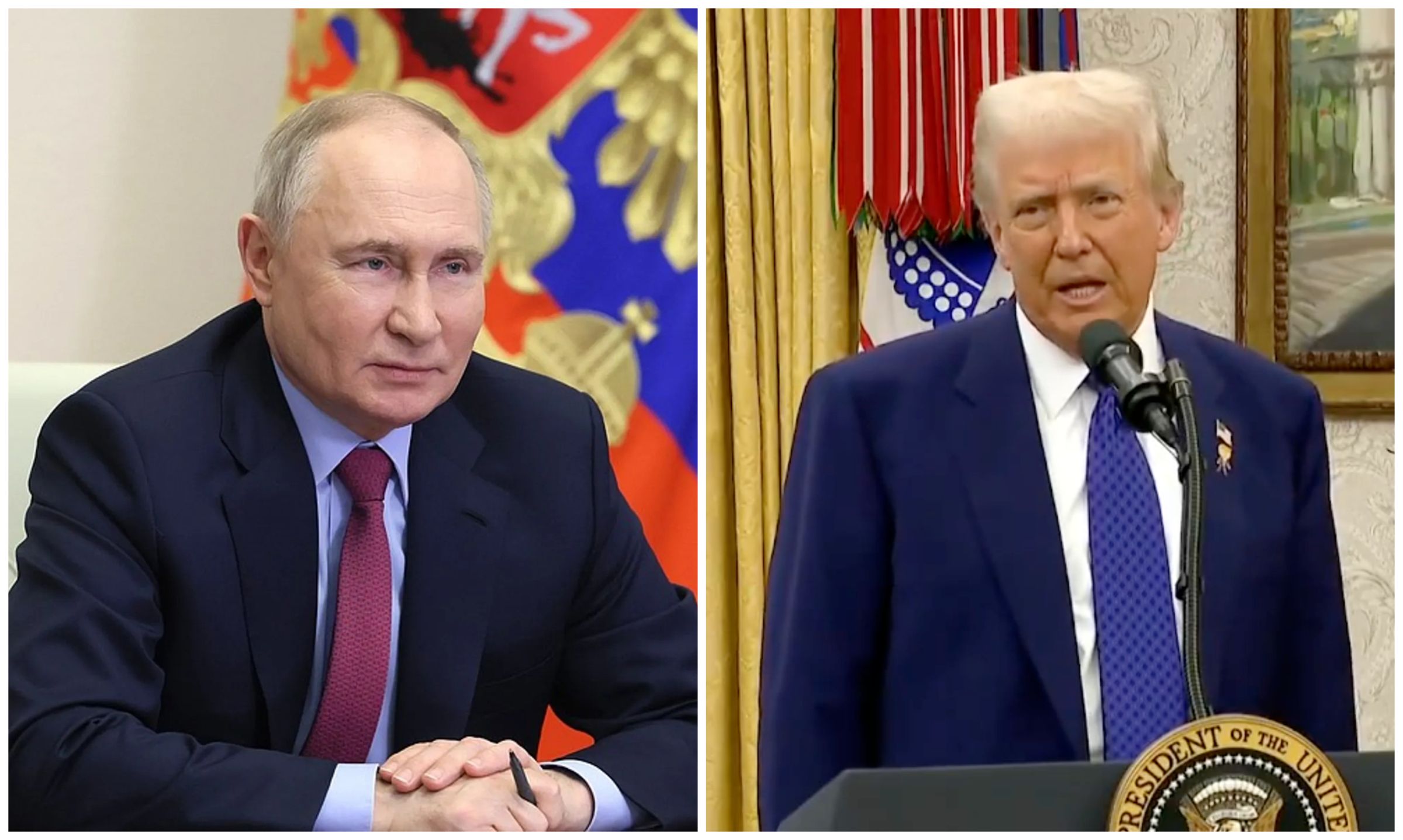 川普(右圖)週三與普丁(左圖)通電話。(翻攝X@WhiteHouse、President of Russia官網)