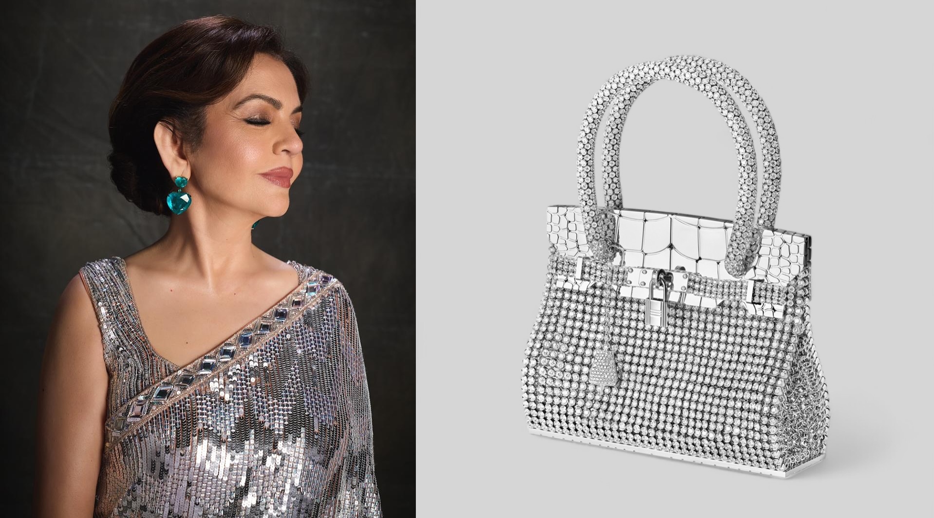 妮塔安巴尼當晚的高級珠寶與迷你柏金包，再次證明她在時尚與奢華領域的標竿地位。（翻攝自manishmalhotraworld、three.over.six IG）