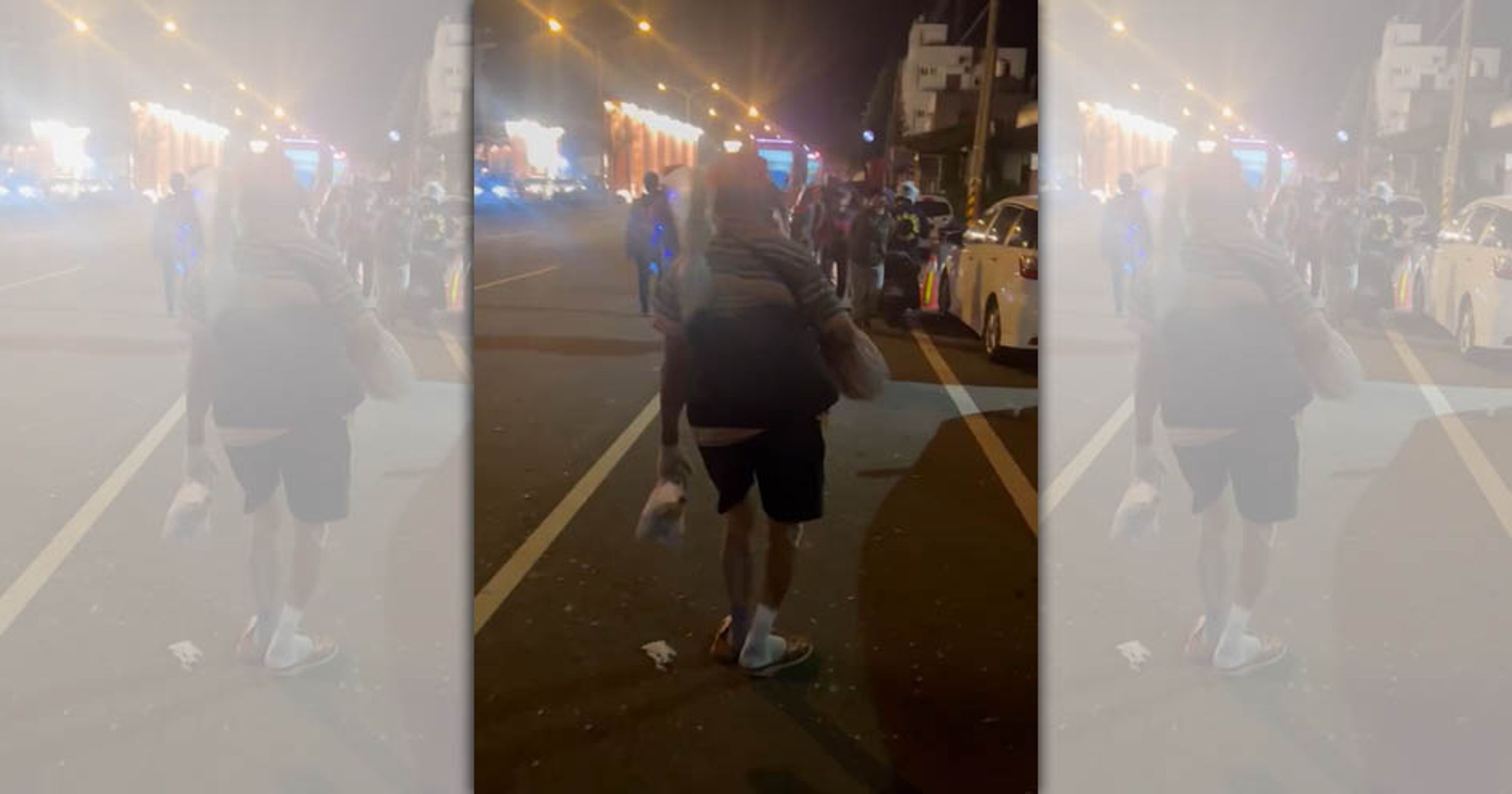 勇腳伯縱使跛腳也堅持自己徒步跟隨媽祖進香,堅毅的背影讓不少信眾為之動容。(翻攝自臉書)