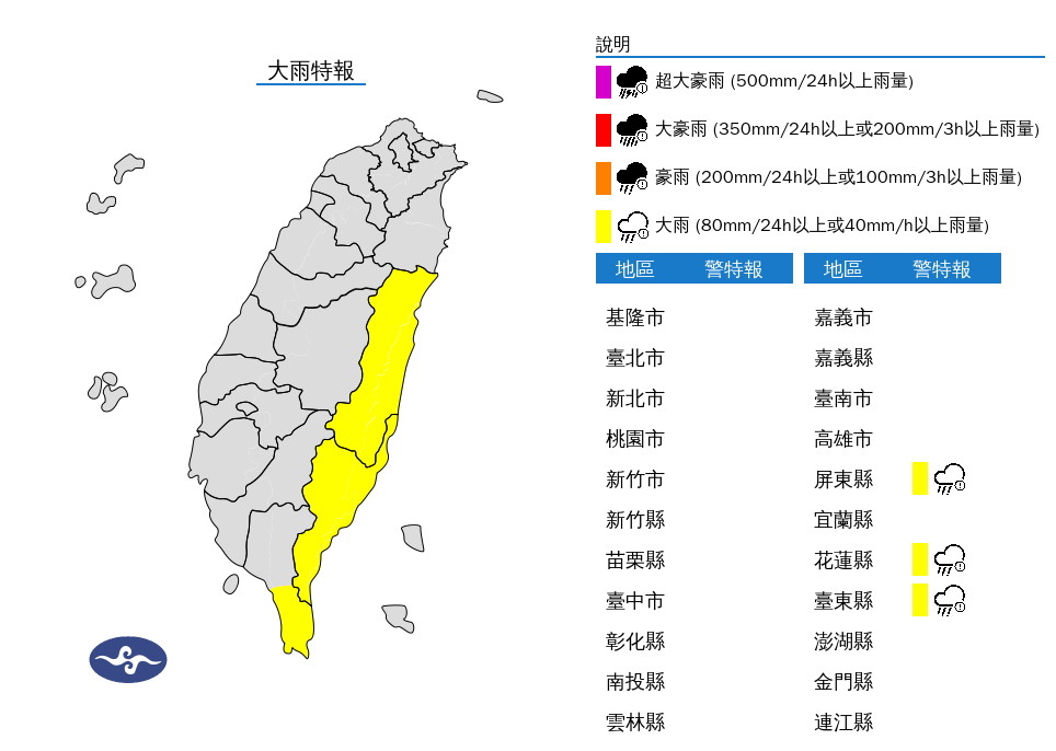 颱風外圍環流影響,易有短延時強降雨,今(5日)花蓮、台東地區及恆春半島有局部大雨發生的機率,請注意雷擊及強陣風。(中央氣象署提供)