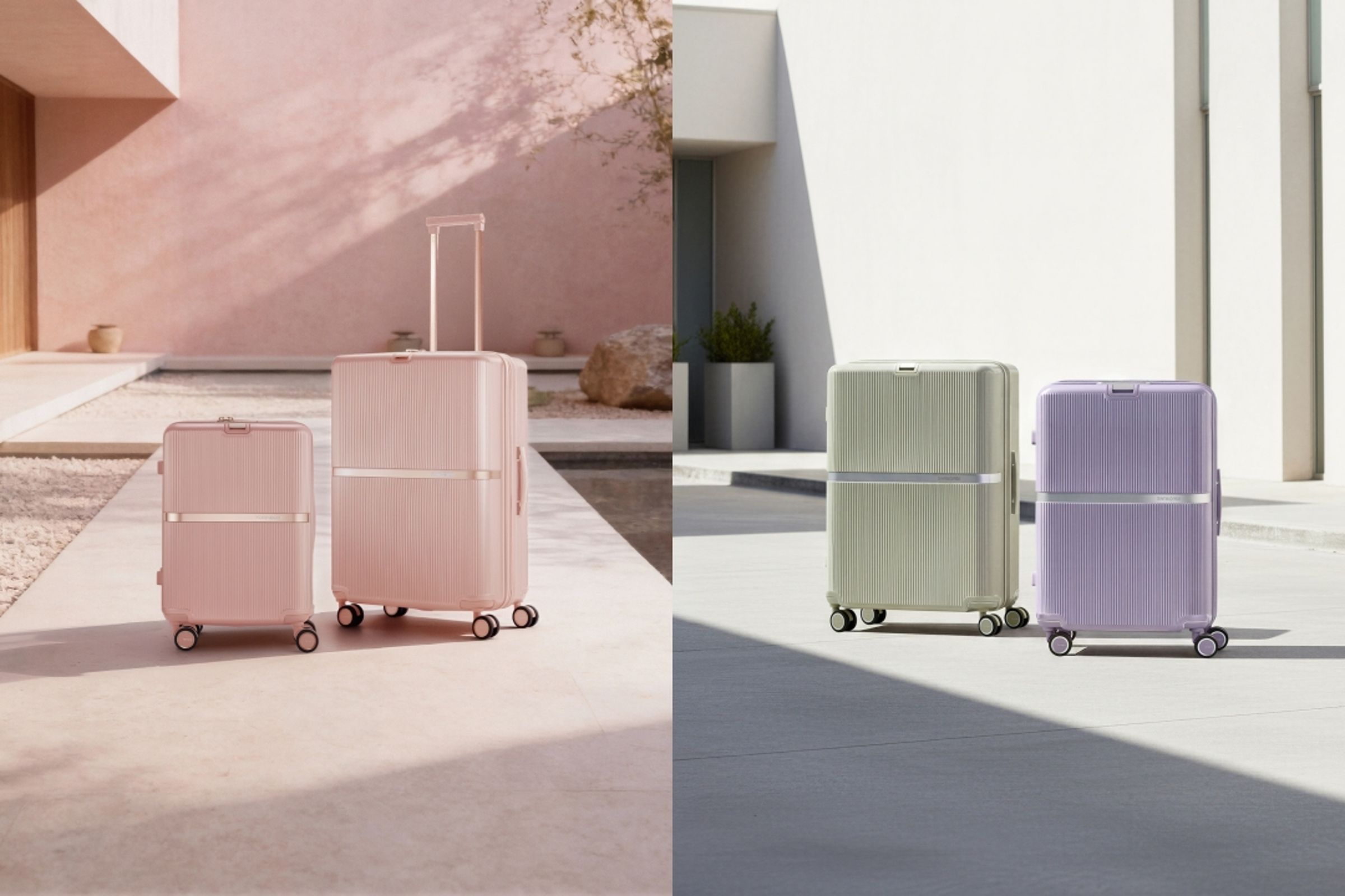 Samsonite MINTER以櫻花粉、鼠尾草綠、薰衣草紫譜寫春日最美光譜。(Samsonite提供)