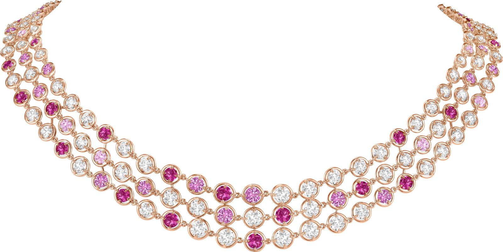 Palmyre項鍊，3行設計（玫瑰金、粉紅色藍寶石、鑽石）。（Van Cleef &amp; Arpels提供）